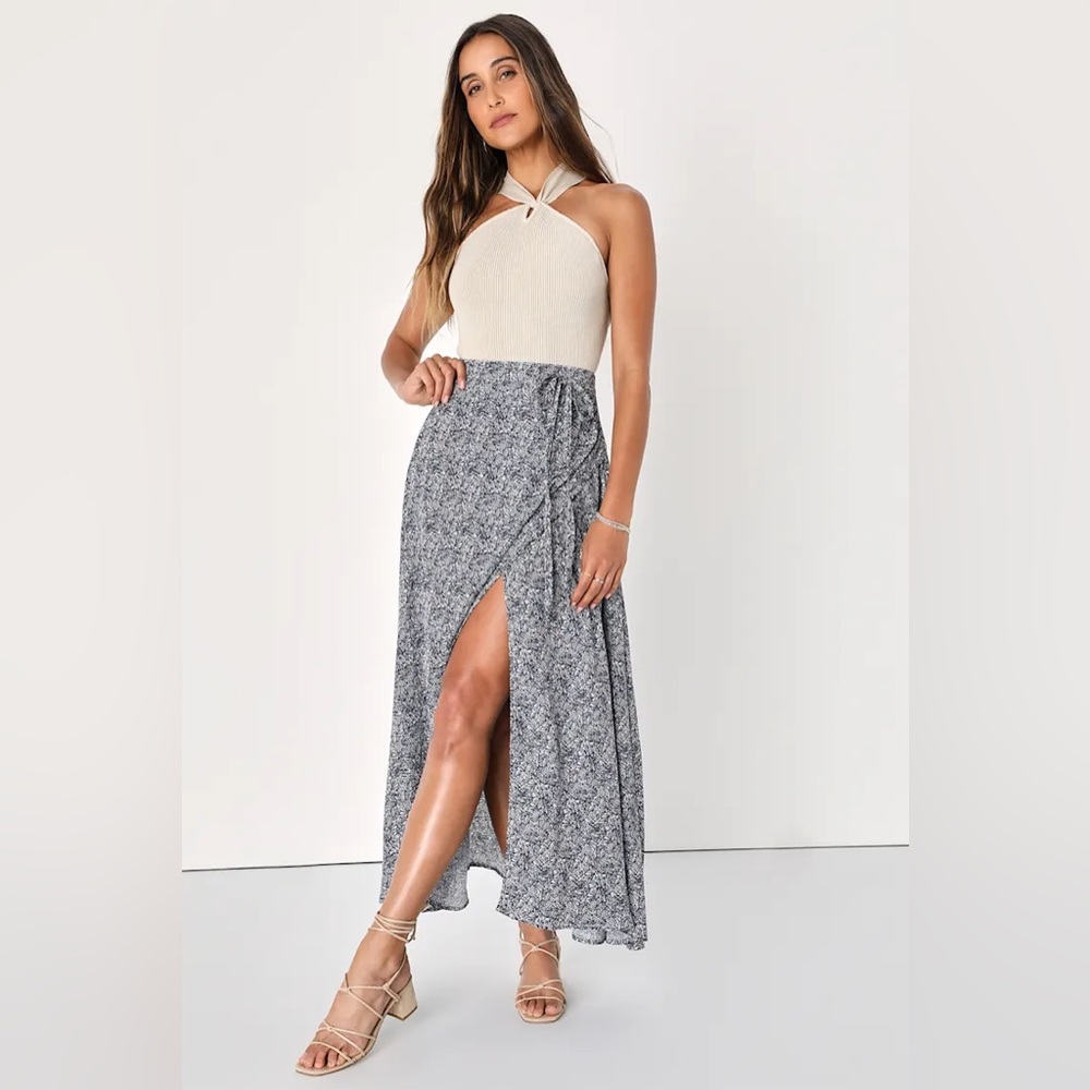 Lulu's Beautiful Tempest Navy Blue Print Wrap Maxi Skirt